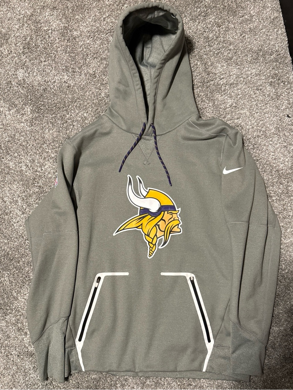 Nike Gray Minnesota Vikings Crewneck Hoodie with Logo Mens L Zipper pockets